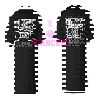 Volleyball Breast Cancer Awareness Block Out Cancer Pink T-Shirt | Mazezy
