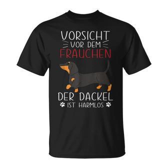 Vorsichtor Dem Frauchen Der Dackel Hund Ist Harmlos Gassi T-Shirt - Geschenkecke