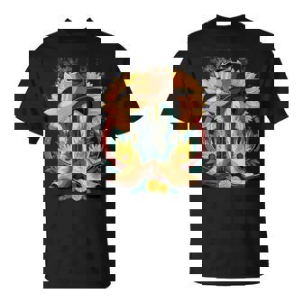 Western Cowboy Boot Horseshoe Sunflower Rope Cowgirl Country T-Shirt | Mazezy