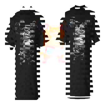 ギャグ ぽっちゃり猫 筋トレ ウエイトリフティング ジム 面白い グラフィック猫ミーム Tシャツ - Kawaiitshirt