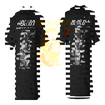 ロックするパグ犬 ギター演奏の面白デザイン Tシャツ - Kawaiitshirt