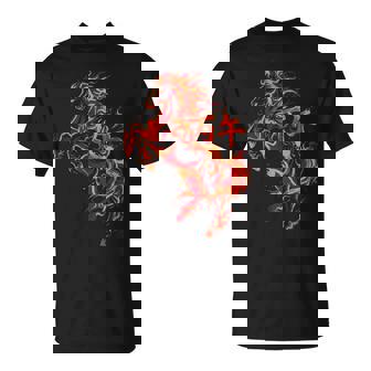 丙午 火の馬 墨絵 ストリートアート 筆文字 和柄 漢字 グラフィック 赤い炎 デザイン 日本風 Tシャツ - Kawaiitshirt