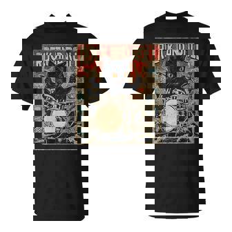 猫 演奏 ドラム ロック オン ヴィンテージ ロック ドラマー 猫 長袖tシャツ Tシャツ - Kawaiitshirt