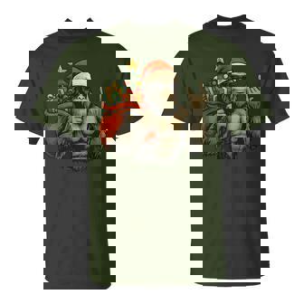 Bigfoot Santa Christmas Tree Rock On Xmas Sasquatch T-Shirt - Monsterry