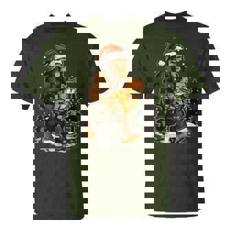 Christmas Bigfoot With Cat And Lights Santa Hat Xmas T-Shirt - Monsterry