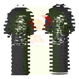 Cute Highland Cow Christmas Lights Santa Hat Winter Girly T-Shirt | Seseable FR