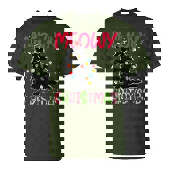 Meowy Christmas Xmas Lights Black Cat Pajamas Family T-Shirt | Seseable CA