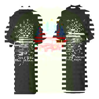 Merry Christmas Vintage Red Truck Us Flag Tree Xmas Men T-Shirt | Mazezy