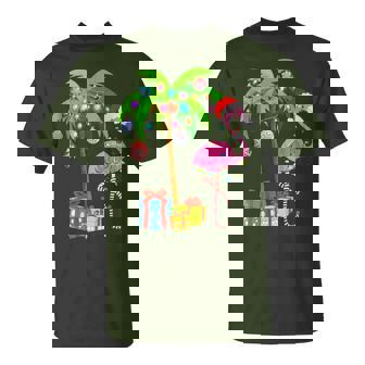Pink Flamingo Christmas Palm Tree Tropical Xmas Holiday T-Shirt | Mazezy