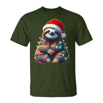 Sloth Christmas Lights Santa Hat Merry Xmas T-Shirt - Thegiftio UK