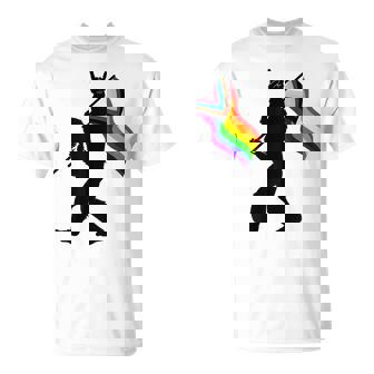 Bigfoot Rock On Proud Gay LGBTQ Progressive New Pride Flag T-Shirt | Mazezy