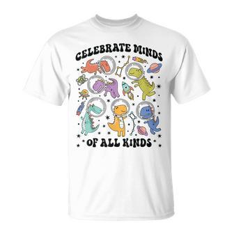 Celebrate Minds Of All Kinds Space Dinosaur School Counselor T-Shirt - Thegiftio UK