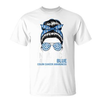 Colon Cancer Awareness Messy Bun In March We Wear Blue T-Shirt | Mazezy