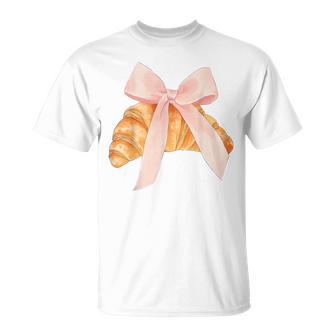 Coquette Pink Bow Croissant Cute Baking Baker Pastry Girl T-Shirt | Mazezy