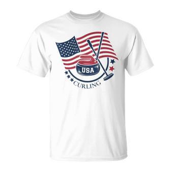 Curling Stone Usa American Flag Curler Broom Sports Gear T-Shirt - Seseable