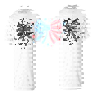 Girls Coquette Bow Red White Blue 4Th July Patriotic Toddler T-Shirt | Mazezy