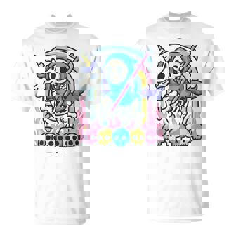 Grim Reaper Riding Skeleton Unicorn Halloween Pastel Rainbow T-Shirt | Seseable FR