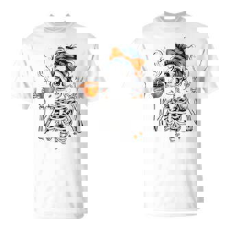 Halloween Skeleton Coffee Messy Bun For Halloween T-Shirt - Thegiftio