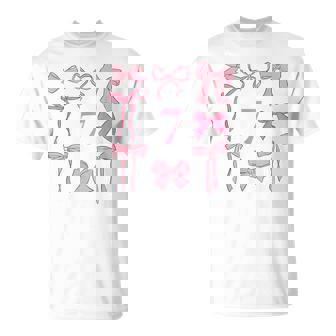 Hello Seven Coquette Preppy Pink Bow 7Th Birthday Girl T-Shirt - Thegiftio