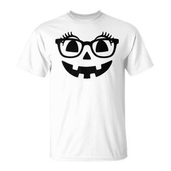 Pumpkin With Eyelashes Halloween Fall Jack-O-Lantern Face T-Shirt - Thegiftio