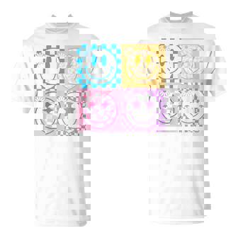 Retro Happy Smile Face Checkered Pattern Vibes Trendy Girls T-Shirt | Mazezy