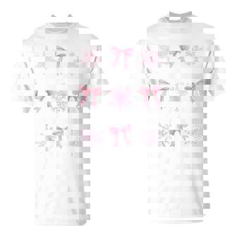 Winter Coquette Pink Snowflakes Bow Ribbons T-Shirt | Mazezy