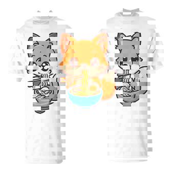 かわいいキツネを食べるラーメンかわいい動物アート Tシャツ - Kawaiitshirt
