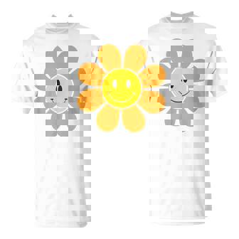 オレンジ70年代レトロファンキーフラワー、イエロースマイルフェイス Tシャツ - Kawaiitshirt
