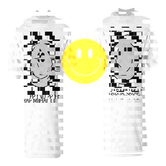 ハッピーマインド ハッピーライフ 70年代 スマイルチェック ハッピースマイルフェイス Tシャツ - Kawaiitshirt