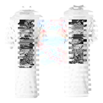 日本の桜庭 芸者 富士山 桜 木 Tシャツ - Kawaiitshirt