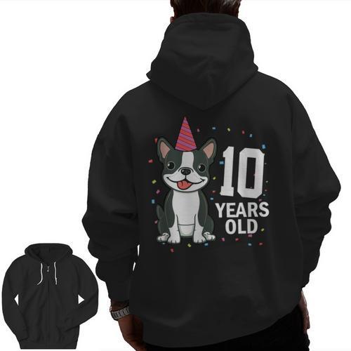 10 Years Old Birthday Boston Terrier Dog Lover 10th Party For Men Women Kids Men Zip Up Hoodie Back Print - Bostonterriersmerch.com CA