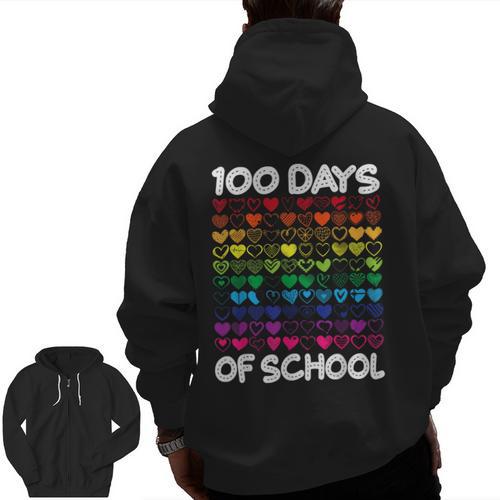 100 Days Of School Heart Love Teacher Or Student 100th Day Men Zip Up Hoodie Back Print - teacherstshirts.com