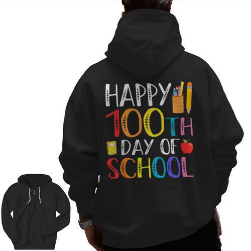 100 Days Of School Teacher And Student Men Zip Up Hoodie Back Print - teacherstshirts.com UK