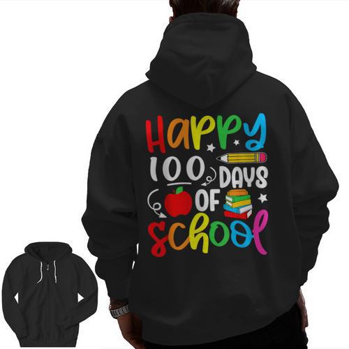 100th Day Of School Teachers Kids Girls Child Happy 100 Days Men Zip Up Hoodie Back Print - teacherstshirts.com CA
