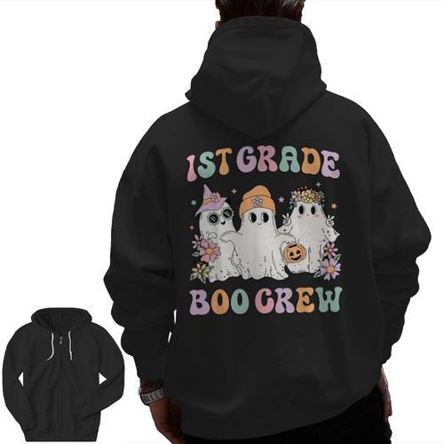 1st Grade Boo Crew Groovy Halloween Floral Ghost Kid Teacher Men Zip Up Hoodie Back Print - teacherstshirts.com AU