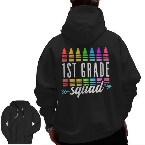 1st Grade Squad Back To School First Grade Teacher Boy Girl Men Zip Up Hoodie Back Print - teacherstshirts.com