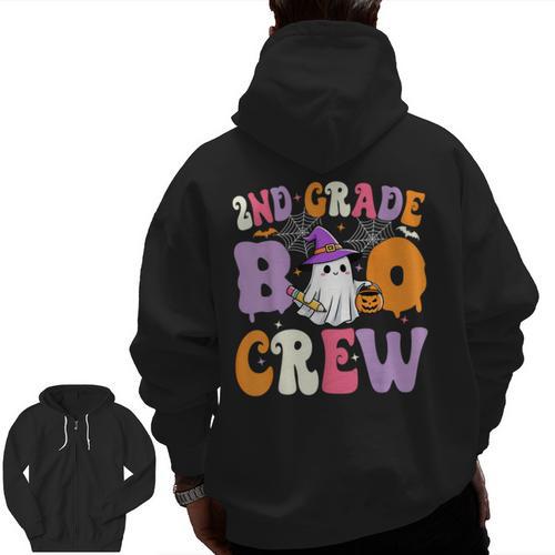 2nd Grade Boo Crew Spooky Second Grade Halloween Teacher Men Zip Up Hoodie Back Print - teacherstshirts.com UK