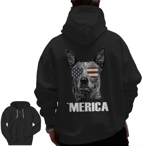 4th July Blue Heeler Dog Merica Patriotic USA Flag Cute Men Zip Up Hoodie Back Print - Bostonterriersmerch.com