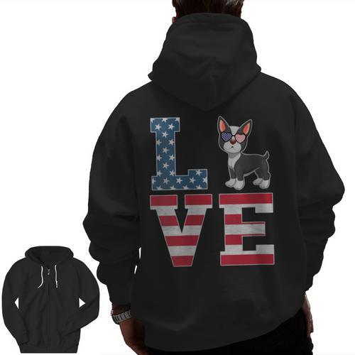 4th Of July Decor Patriotic LOVE Boston Terrier USA Flag Men Zip Up Hoodie Back Print - Bostonterriersmerch.com