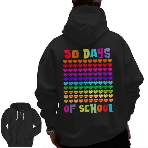 50 Days Of School Hearts Teacher Happy 50th Day Of School Men Zip Up Hoodie Back Print - teacherstshirts.com DE