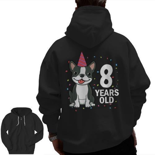8 Years Old Birthday Boston Terrier Dog Lover 8th Party Kid Men Zip Up Hoodie Back Print - Bostonterriersmerch.com CA