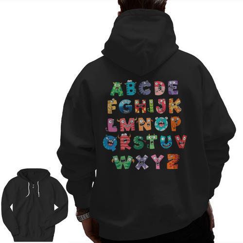 ABC Cute Monster Alphabet Halloween Teacher Costume Kids Men Zip Up Hoodie Back Print - teacherstshirts.com AU