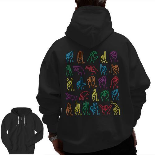 ABC Sign Language Chart Teacher Hand Letter Alphabet ASL Men Zip Up Hoodie Back Print - teacherstshirts.com CA