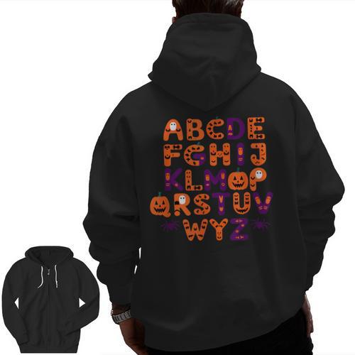 ABCs Learning Kindergarten Teacher Halloween Alphabet Men Zip Up Hoodie Back Print - teacherstshirts.com