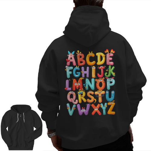 Alphabet A-Z ABC Kids Back To School Pre K Teachers Men Zip Up Hoodie Back Print - teacherstshirts.com UK