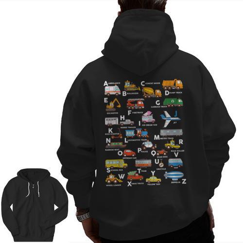 Alphabet Vehicles ABCs Learning Teachers Kids Boys Girls Men Zip Up Hoodie Back Print - teacherstshirts.com