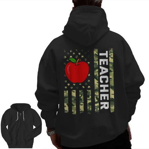 American Flag Camouflage Teacher Patriotic 4th Of July Men Zip Up Hoodie Back Print - teacherstshirts.com UK