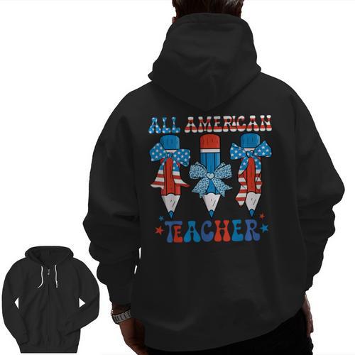 All American Teacher Pencil Coquette Bow USA Flag Teachers Men Zip Up Hoodie Back Print - teacherstshirts.com AU