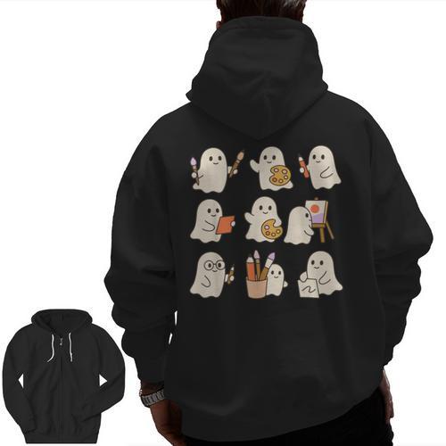 Art Teacher Ghost Halloween Artists Painter Teacher Spooky Men Zip Up Hoodie Back Print - teacherstshirts.com UK