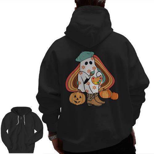 Art Teacher Painting Brushes Retro Pumpkin Ghost Artist Men Zip Up Hoodie Back Print - teacherstshirts.com DE